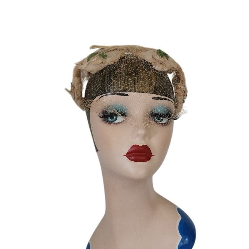 Vintage 50s Fascinator Hat Beige Peach Floral Crown Bridal Headband Wedding