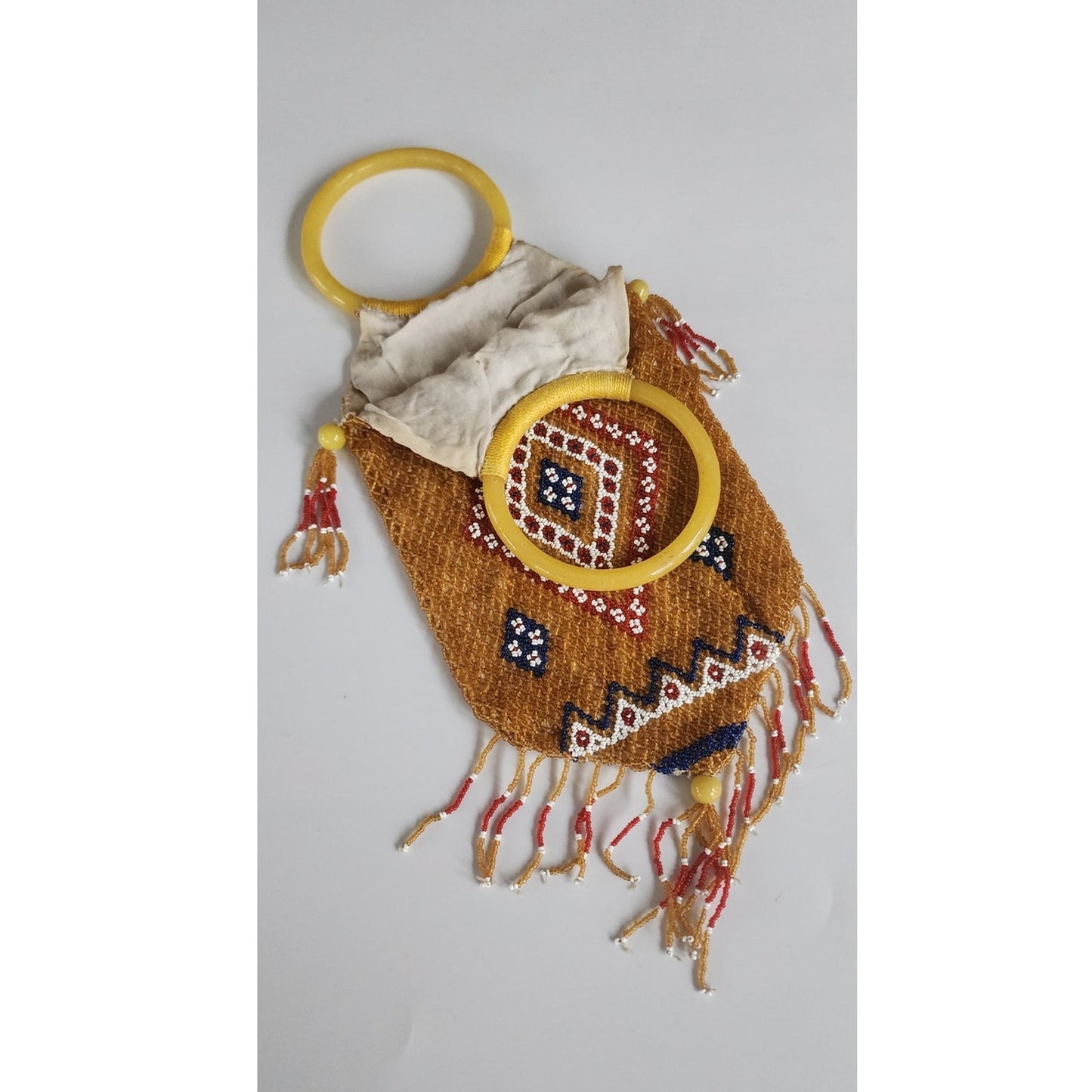 Antique Chinese Glass Bead Bag w/Glass Ring Handles 1890 - 1930