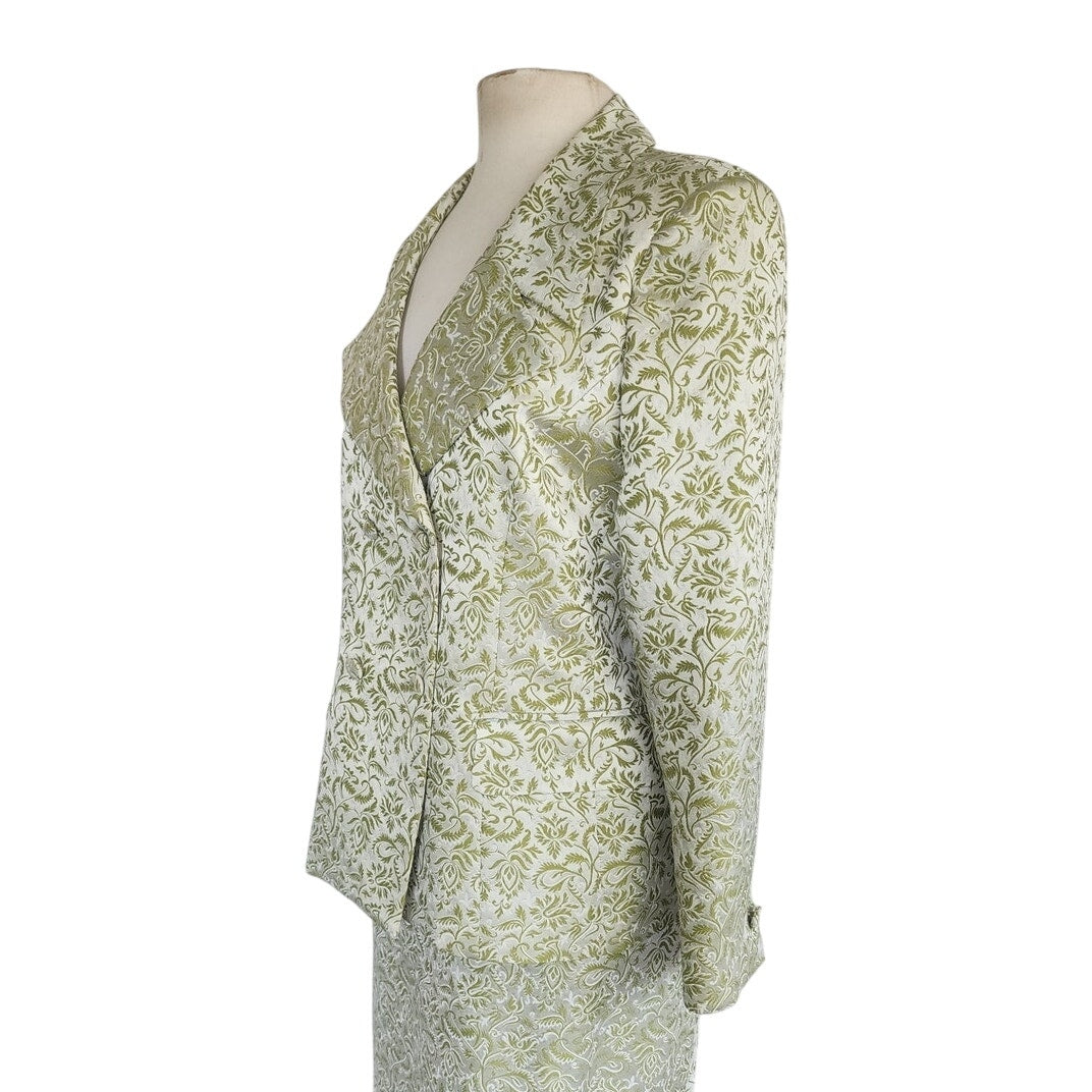 Vintage 80s ESCADA COUTURE Skirt Suit Green Cream Silk Jacquard Leafy Print / L
