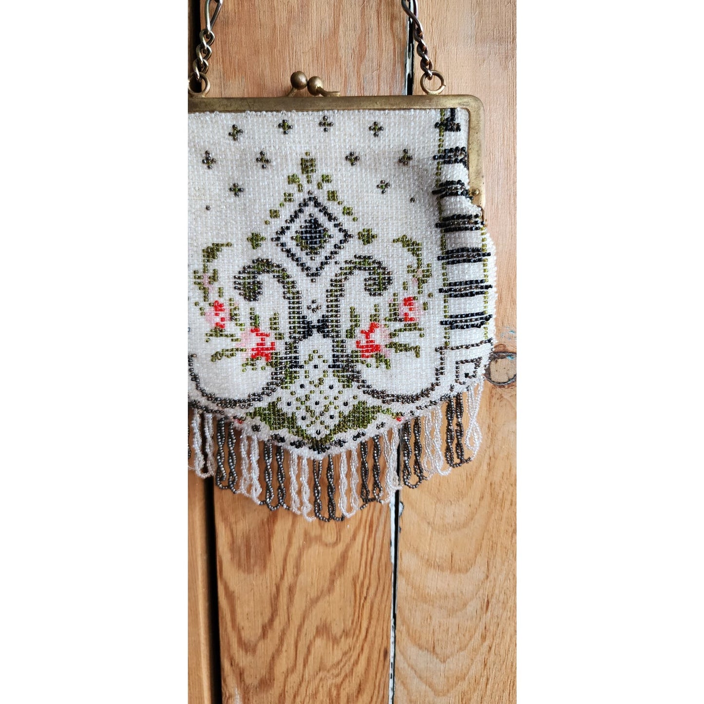 Vintage Beaded Bag Art Deco Style Glass Bead Purse Fringed