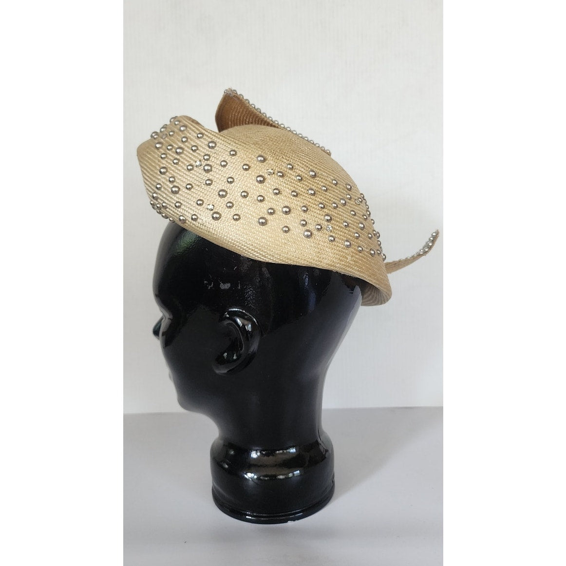 Vintage Jack McConnell Hat Asymmetrical Cream Straw Pearls Studs