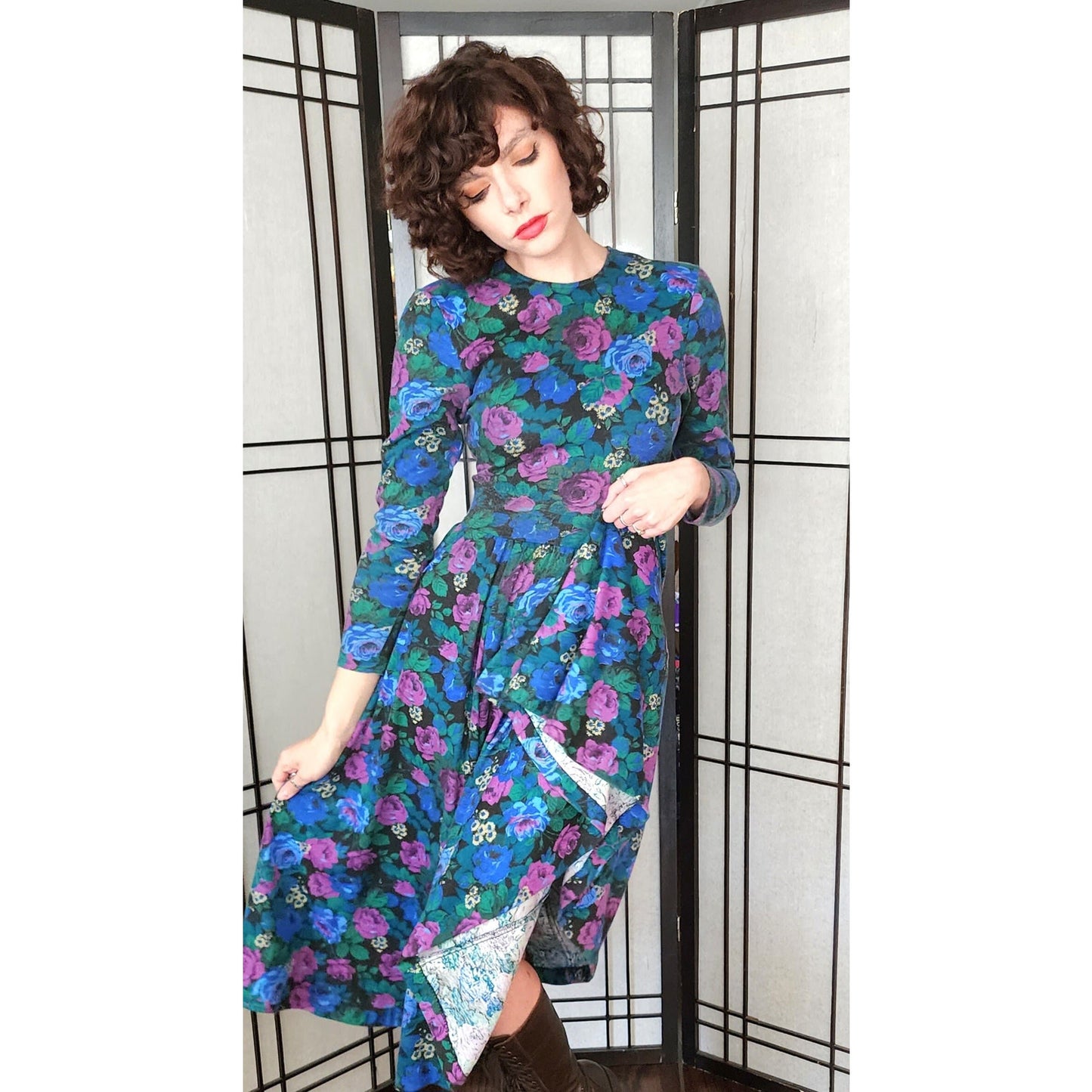 Vintage 80s Floral Print Dress Drop Waist Long Sleeves Express