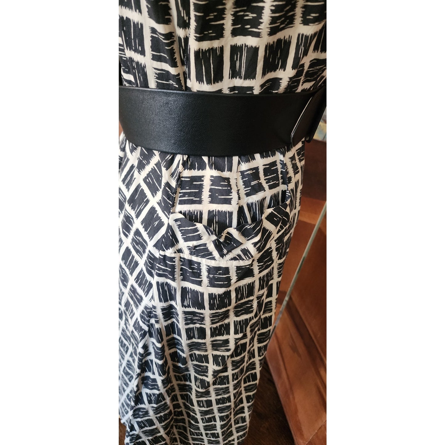 Vintage 50s Cotton Print Dress Black White Check Belted / M to L