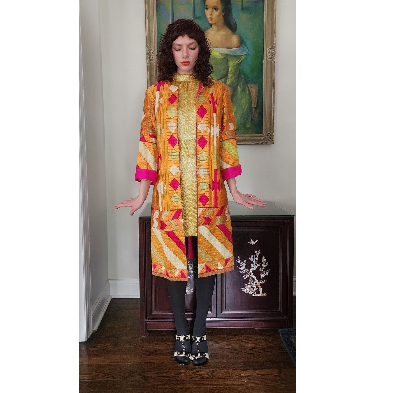 Antique Silk Patchwork Coat Artistinal Boho Gold Fuschia Folk Geometric