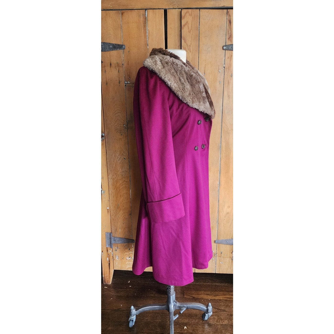 Vintage 1940s Purple Wool Princess Coat Sheared Beaver Fur Collar Double Breasted