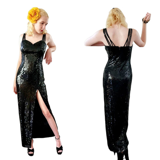 Vintage 90s Sequined Party Dress Black Sleeveless Niteline Della Roufagoli