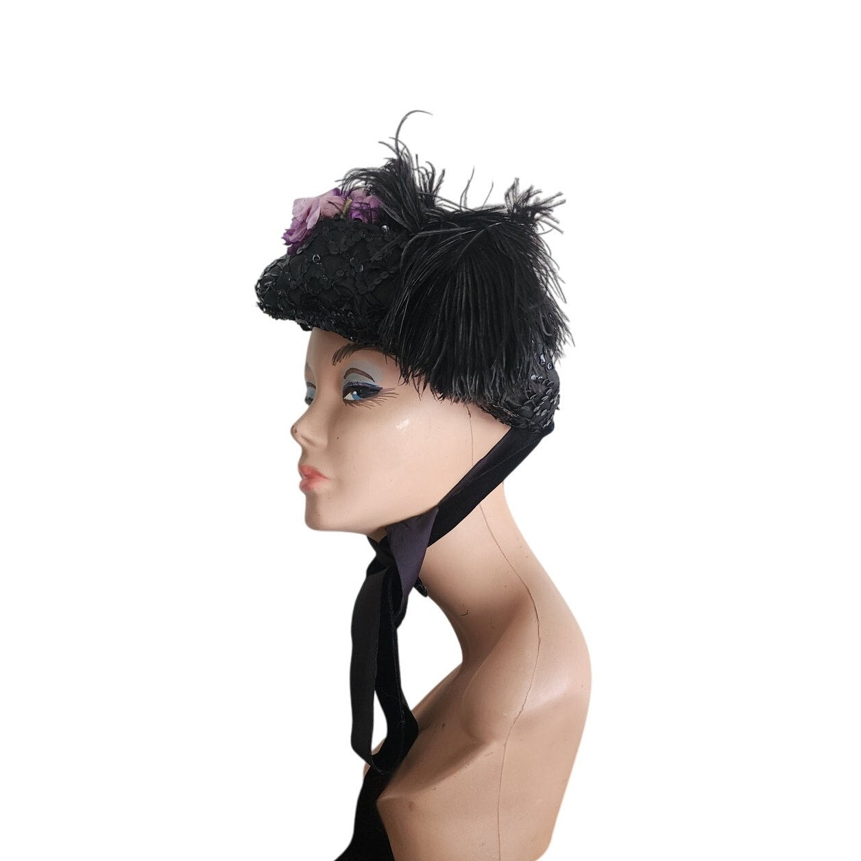 Antique Victorian Black Bonnet Hat Feathers Sequins Lace & Purple Flowers