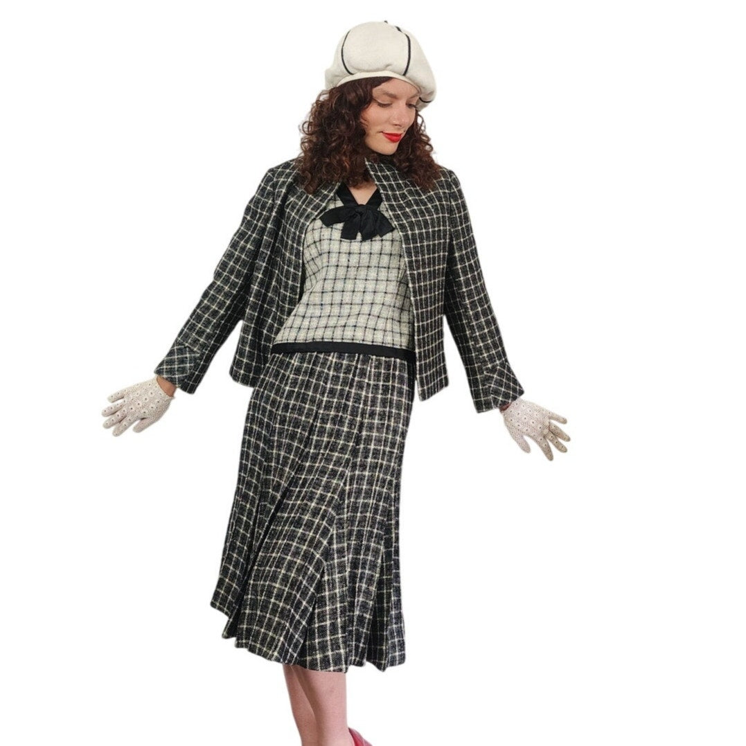 Vintage 1960s Christin Dior New York Suit Mod Three Piece Black White Check Wool