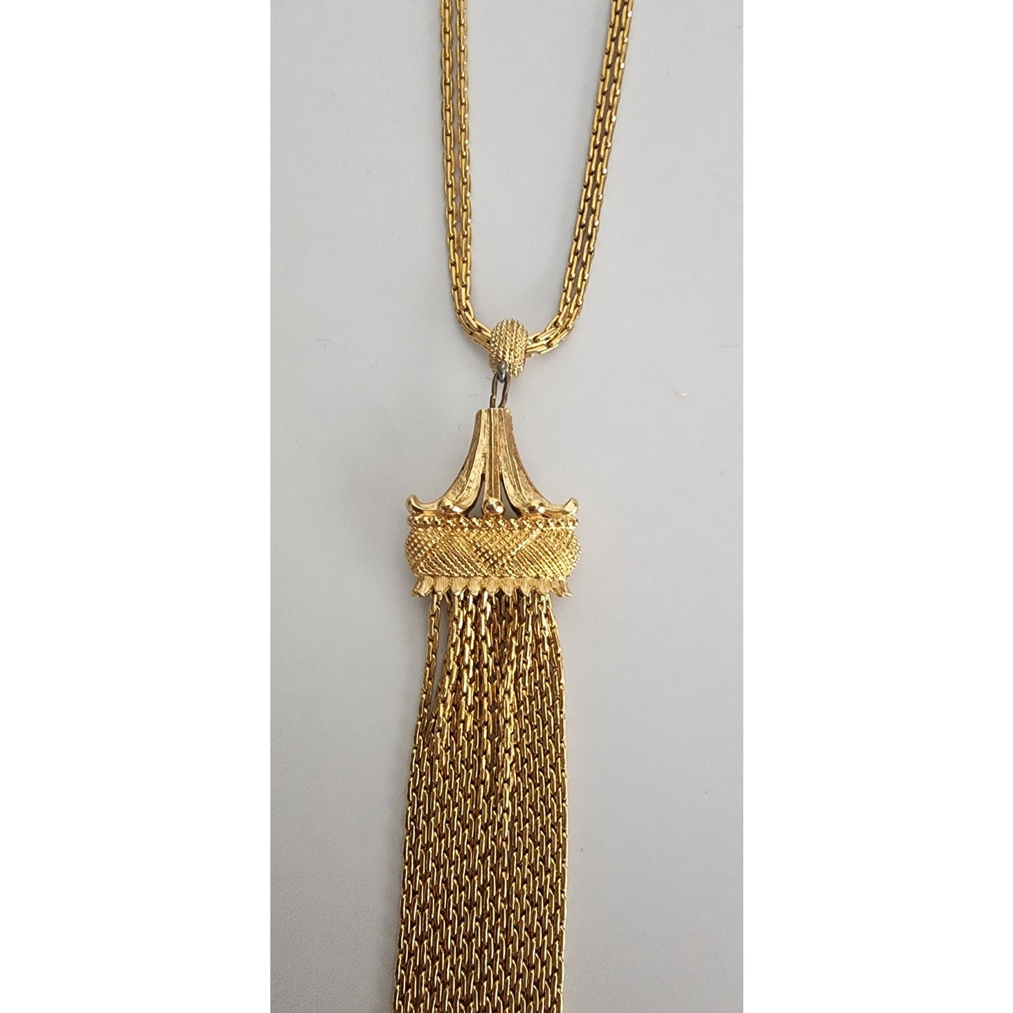 Vintage 70s Monet Traviata Pendant Necklace Gold Fringe Pagoda