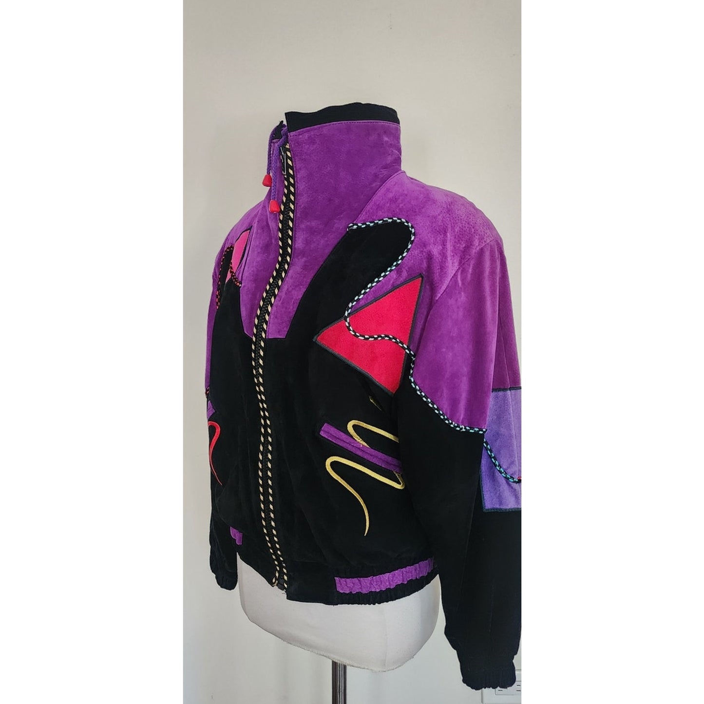 Vintage 80s Suede Bomber Jacket Multicolored Patchwork Applique Mesa Ridge M