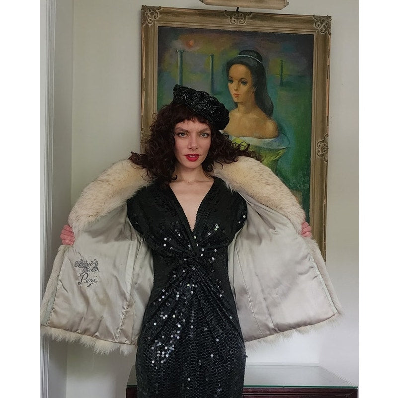 Vintage 70s Silver Fox Fur Jacket Large Collar