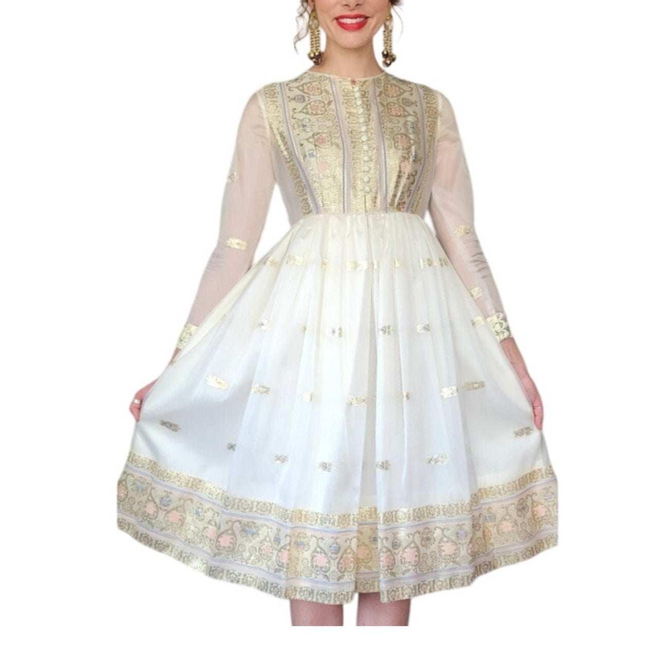 Vintage 70s Embroidered Dress Gold Lurex & White Organza / Chuck Howard Boutique