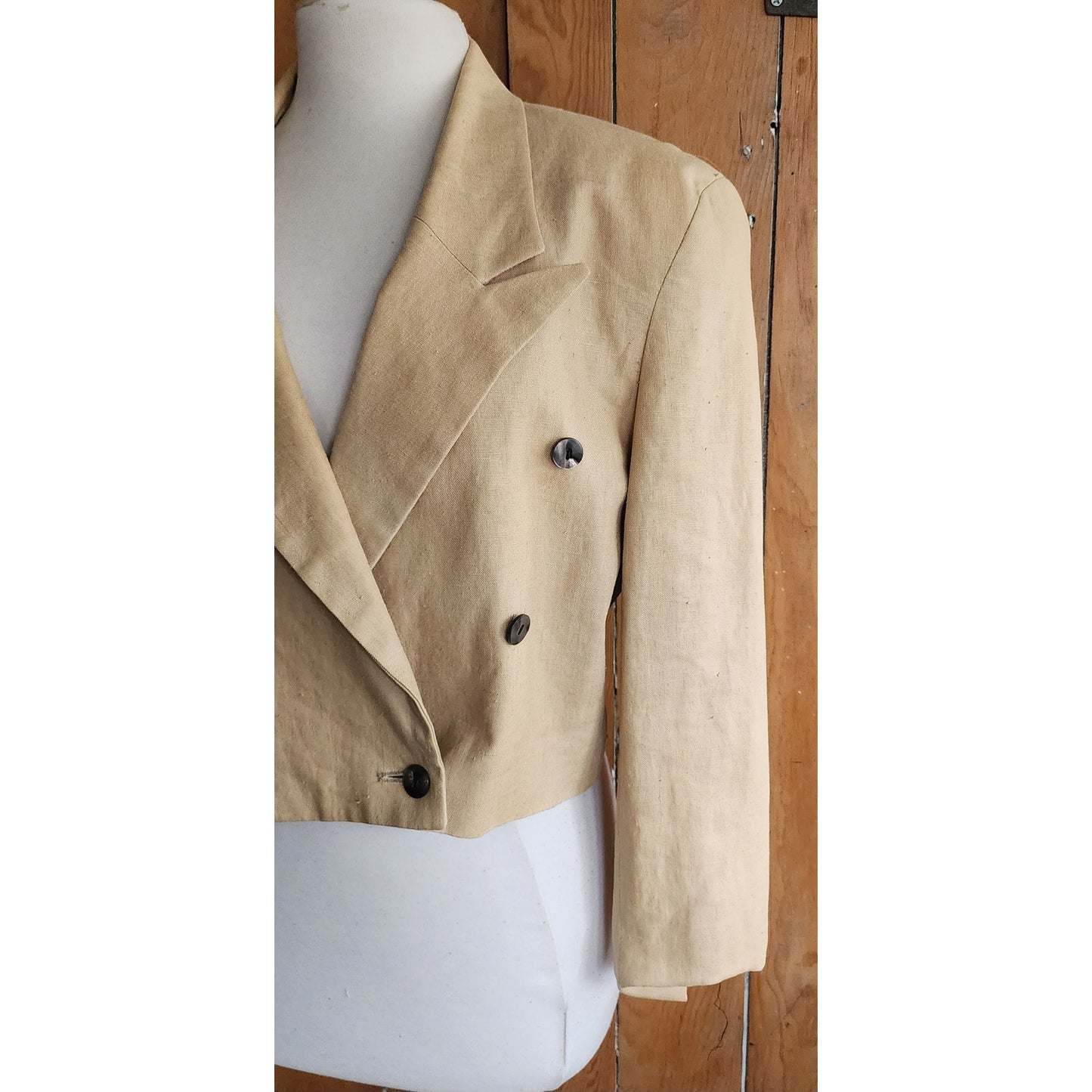 Vintage 80s Beige Linen Blazer Cropped Jacket Marshall Fields