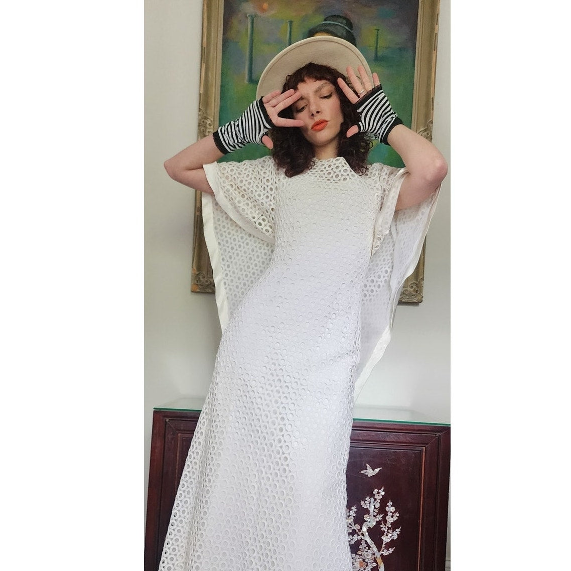 Vintage 70s White Maxi Dress Openwork Crochet Bridal Dress w/Capelet