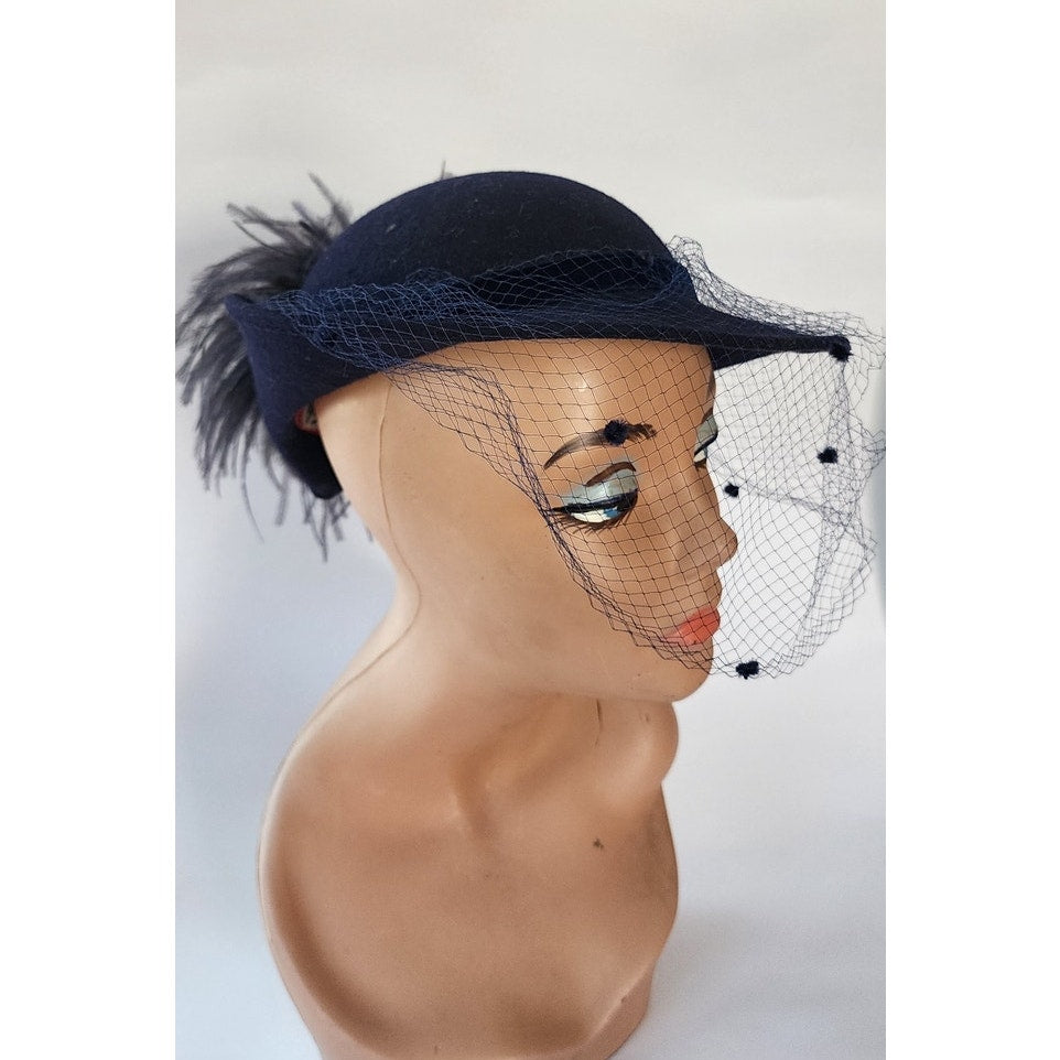 Vintage 70s Feather Hat Navy Blue Wool by Georgi