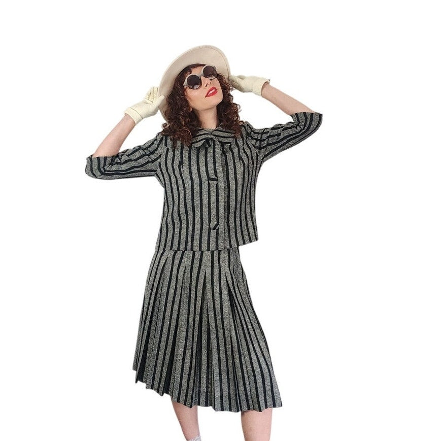 Vintage 1960s Sybil Connolly Skirt Suit Gray Black Striped Wool / Small