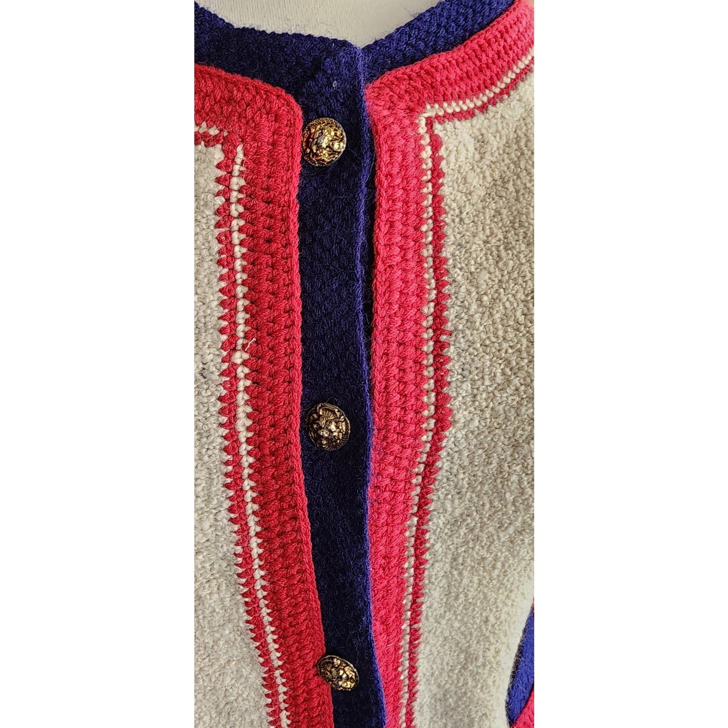 Vintage 60s Adolfo Skirt Suit Cream Blue Red Knit in Chanel Style