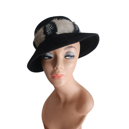 Vintage 60s Ladies Fedora Hat by Gelot Paris Black Felt + Feathers