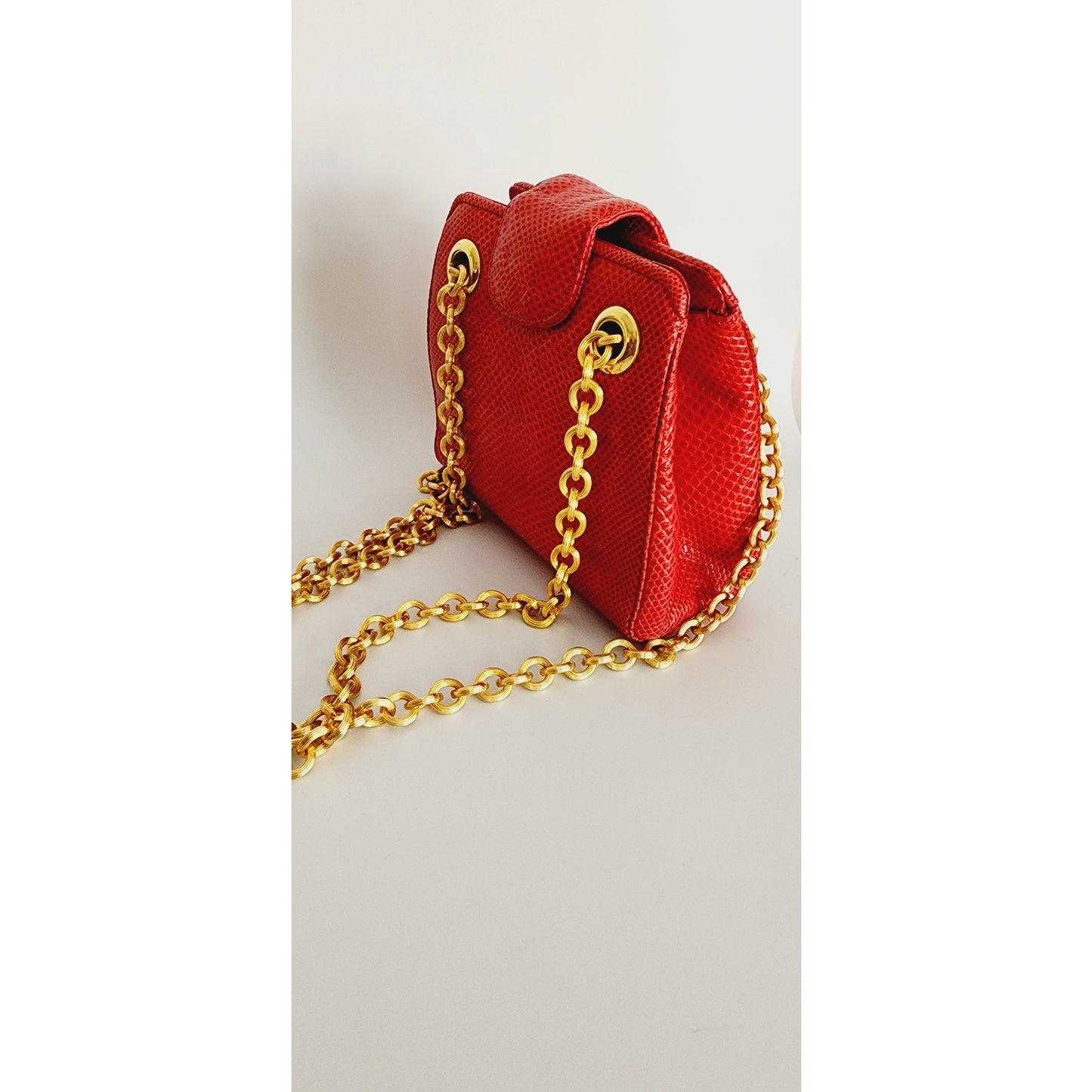 Vintage 90s Judith Leiber Bag Red Lizard Leather Gold Minaudiere