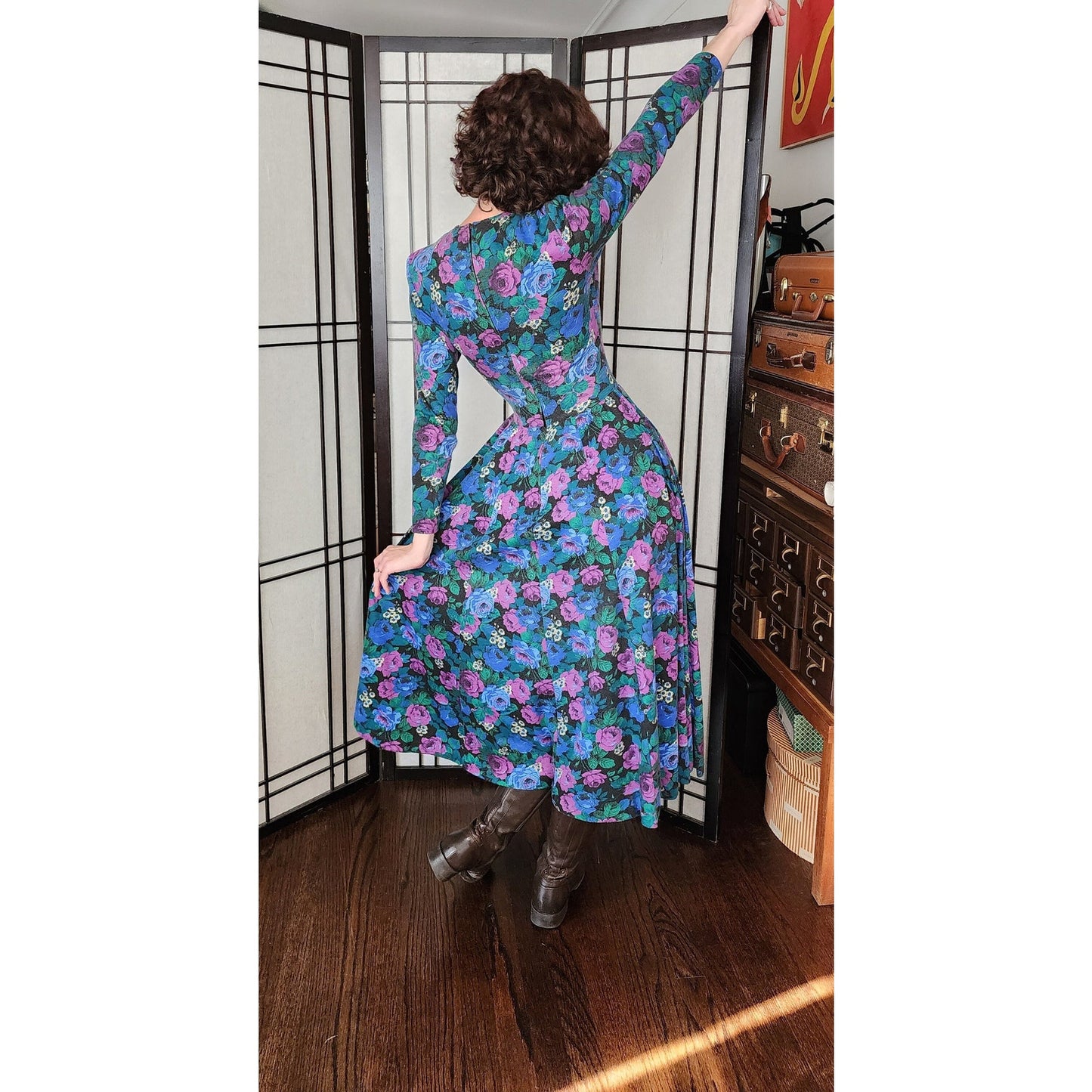Vintage 80s Floral Print Dress Drop Waist Long Sleeves Express