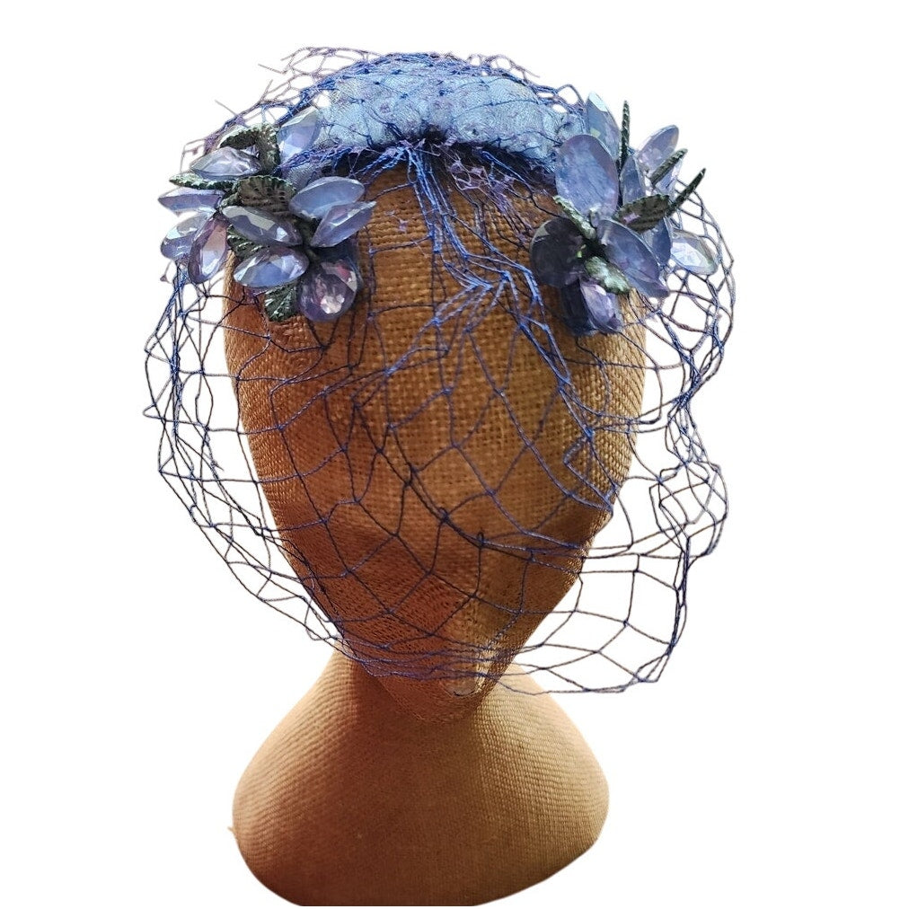 Vintage 50s Bes-Ben Hat Blue Crystal Floral Crown Fascinator w/Veil