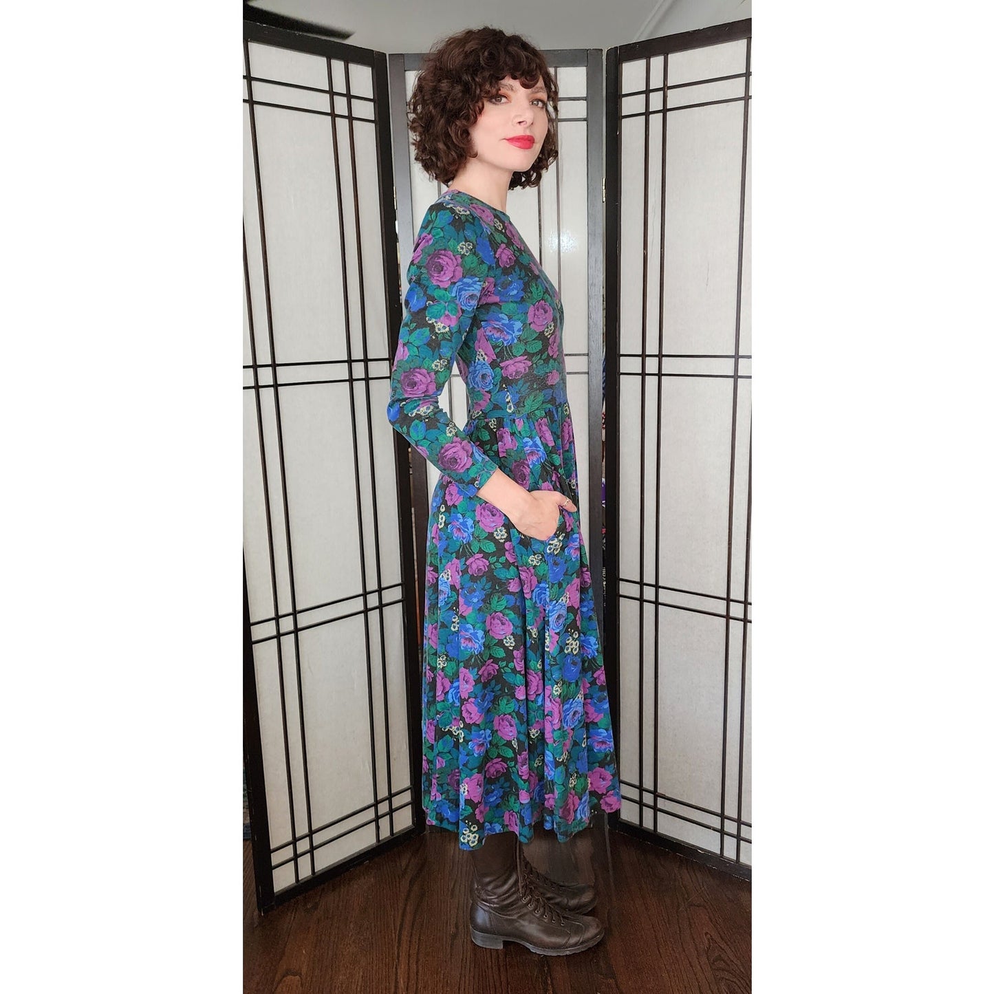 Vintage 80s Floral Print Dress Drop Waist Long Sleeves Express