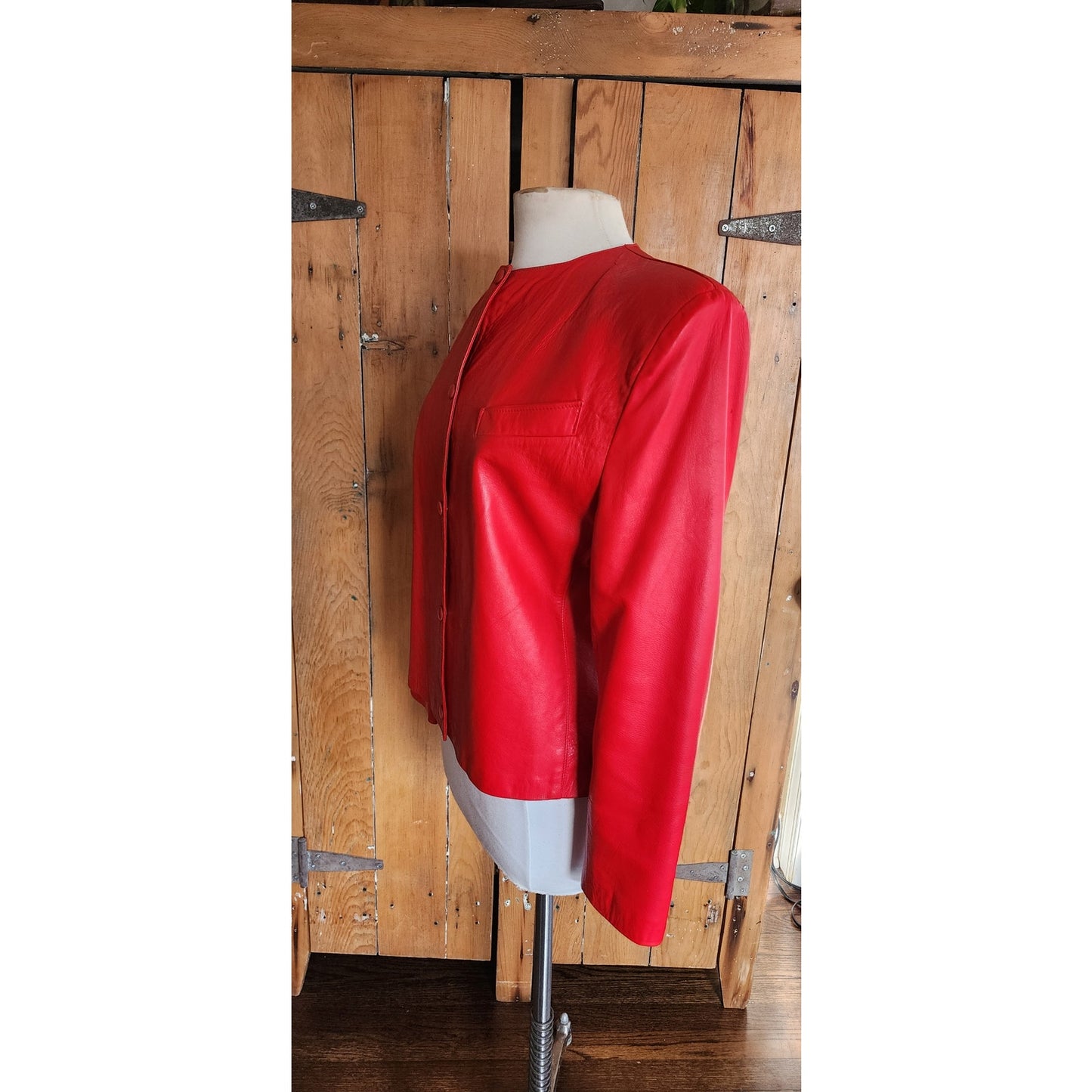 Vintage 80s Red Leather Jacket Snap Front Closure / S