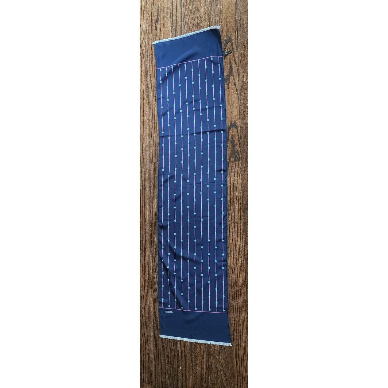 Vintage 70s Gucci Silk Scarf Navy Blue Horsebit Print Rectangular Fringed