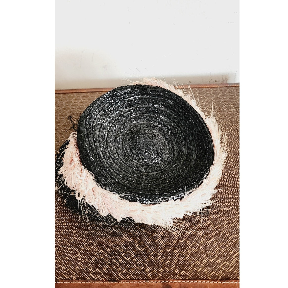 Vintage 1940s Tilt Top Boater Hat Black Straw & Pink Trim