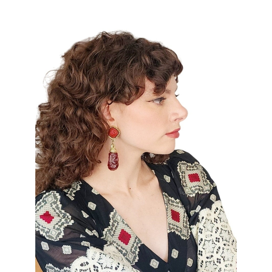 Vintage 80s Dangle Earrings Carved Red Glass Beads & Braided Gold