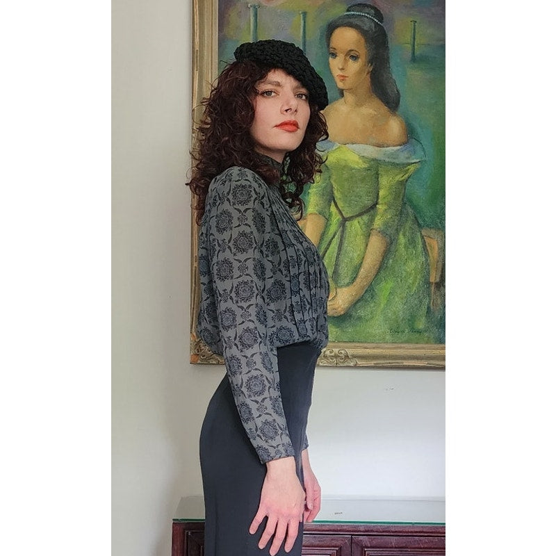 Vintage 80s UNGARO Blouse Gray Silkprint Shirt Back Buttons