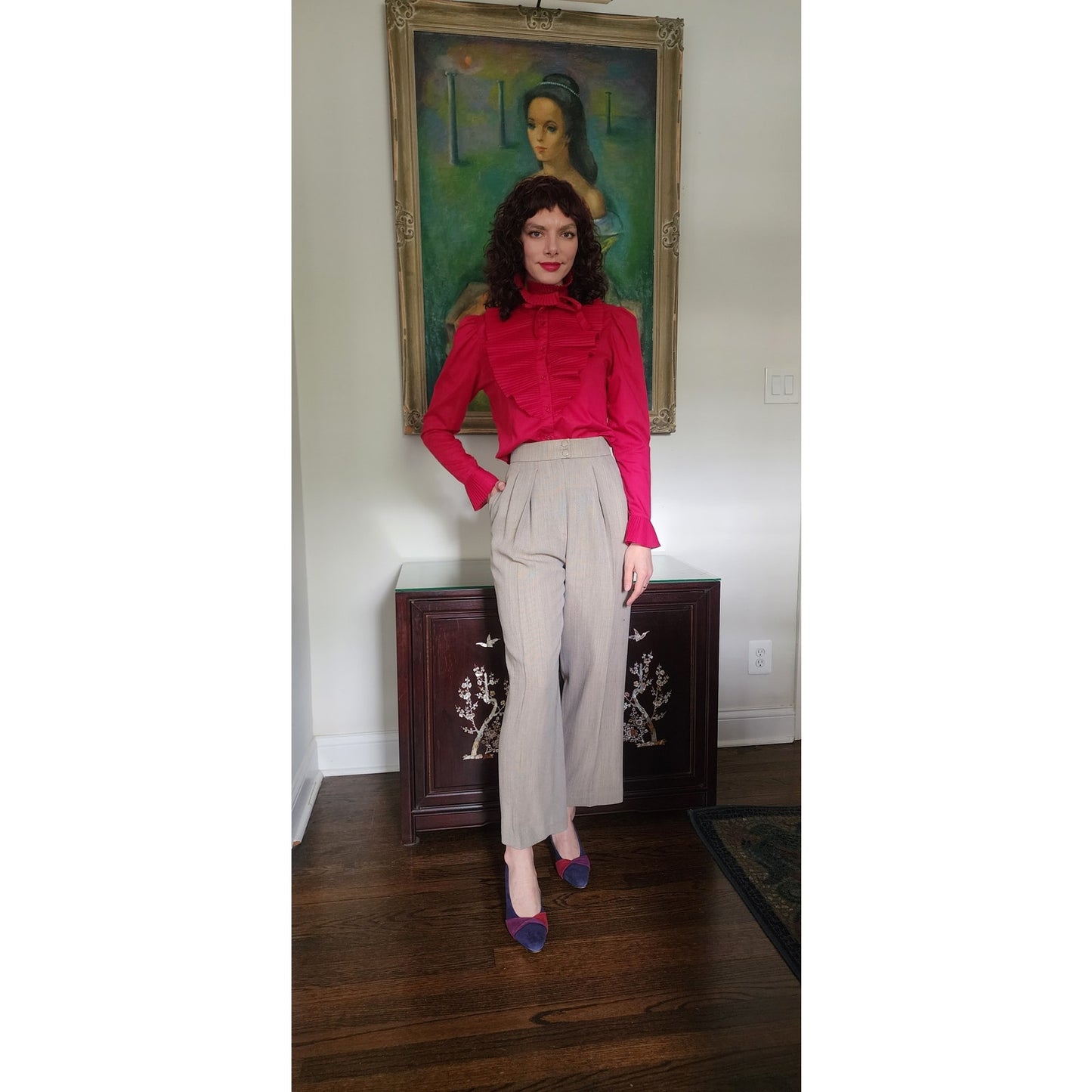 Vintage 80s Fuschia Blouse Ruffled Front Shirt 1 Park Ave