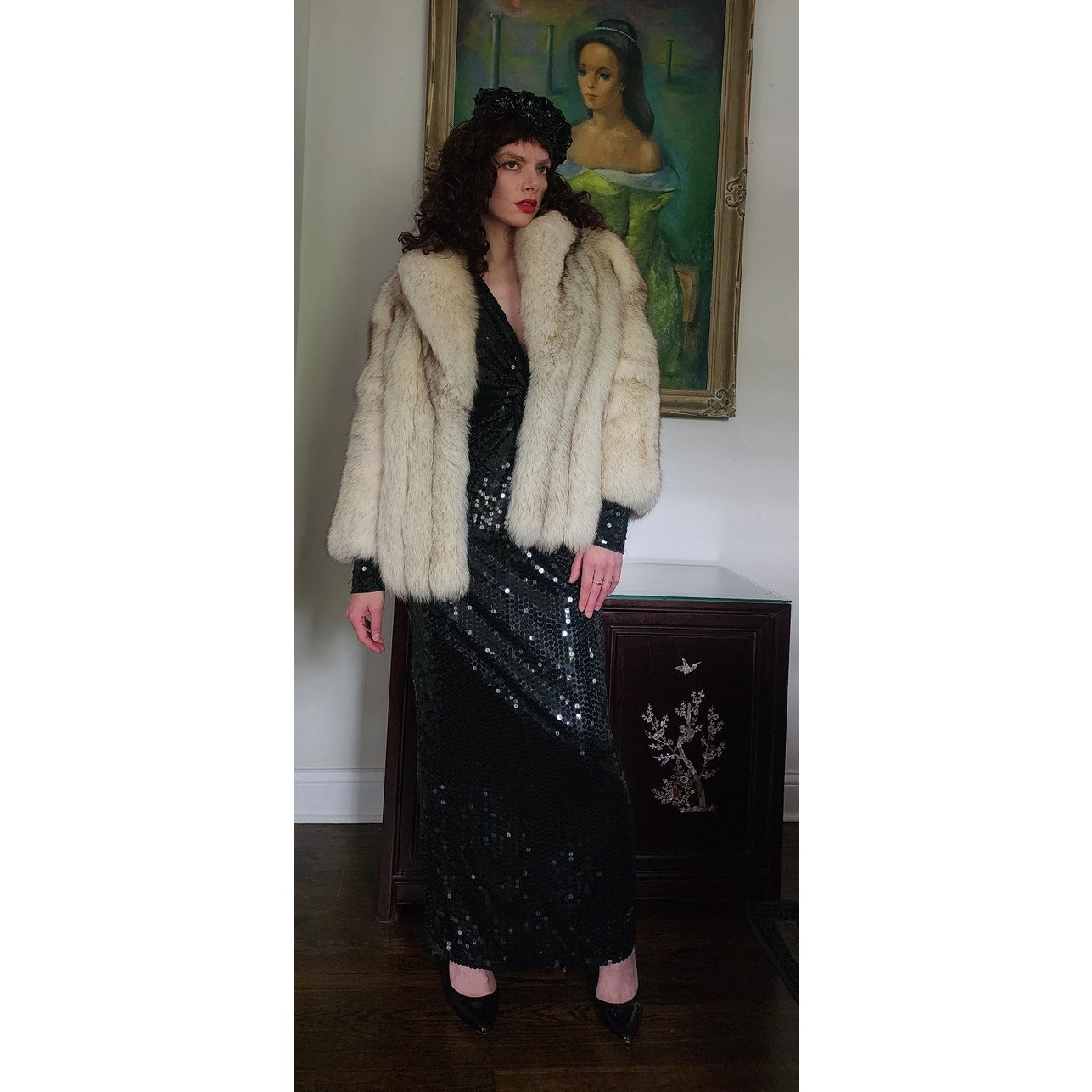 Vintage 70s Silver Fox Fur Jacket Large Collar