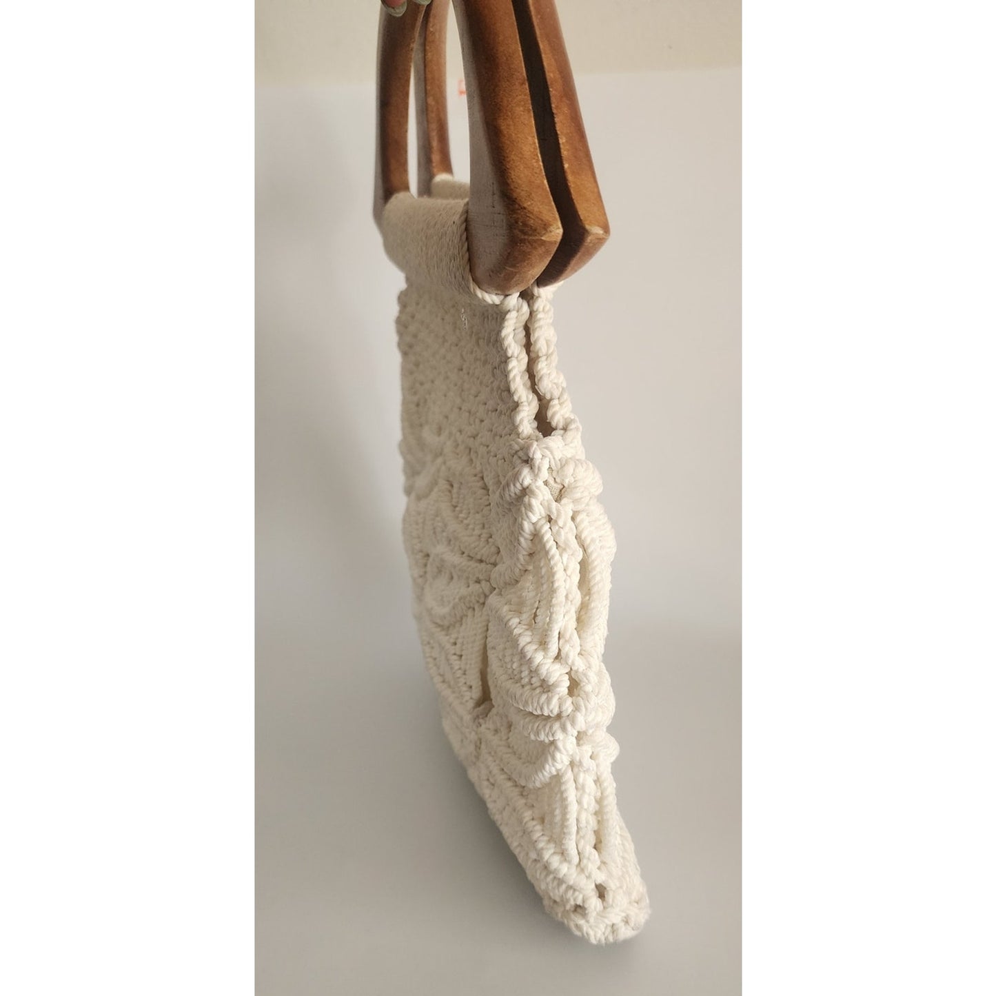 Vintage 70s Macrame Hand Bag Cream White Crochet Purse Wood Handle