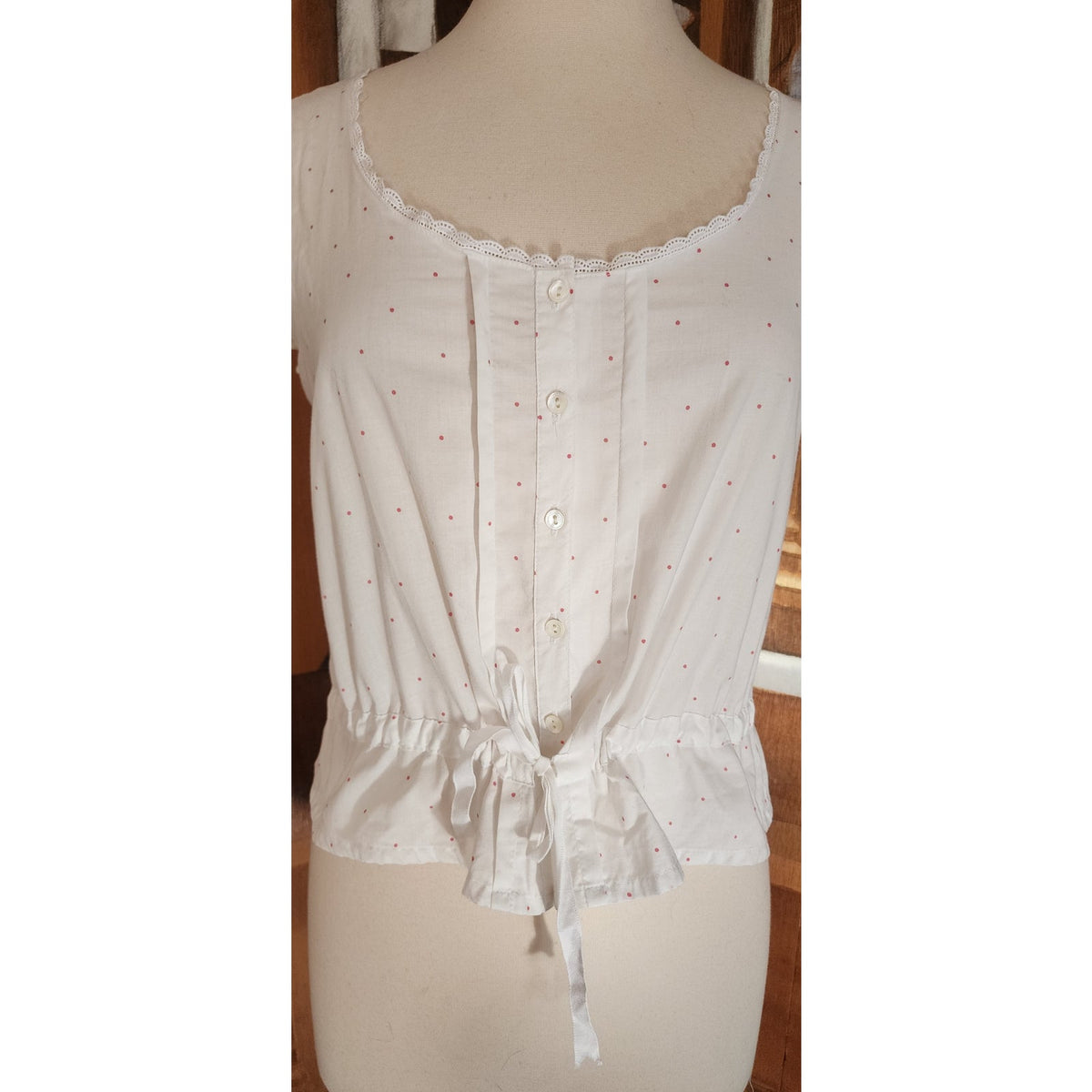 Vintage 1980s Laura Ashley Sleeveless Top White Cotton Eyelet Blouse Micro Polka Dot