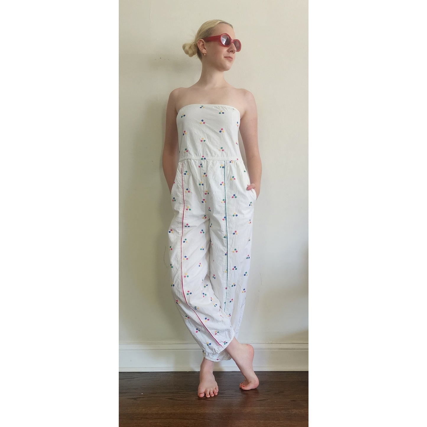 Vintage 1980s Jumpsuit White Cotton Polkadot Print Patti Cappalli / S to M