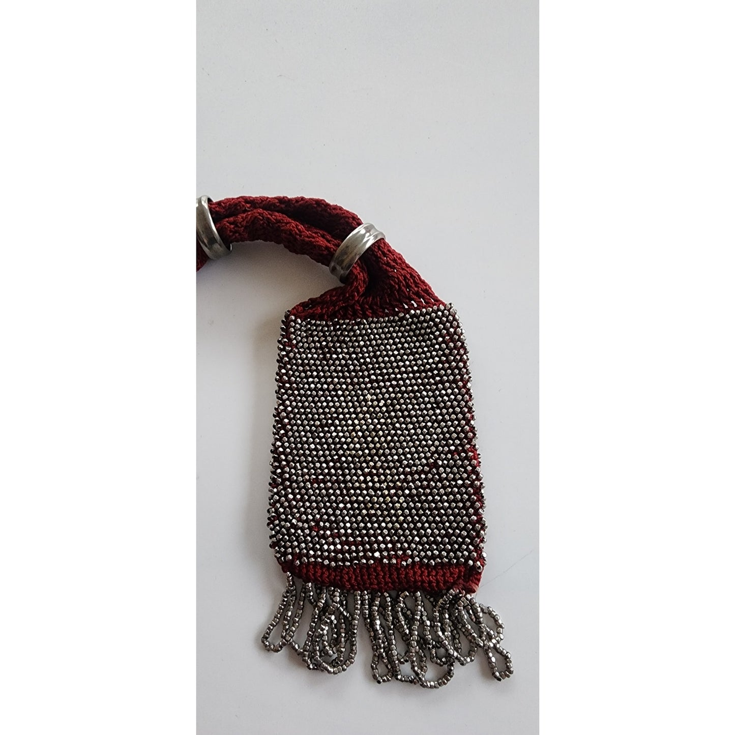 Antique Victorian Hand Bag Beaded Miser's Purse Burgundy Red Steel Beads Crochet