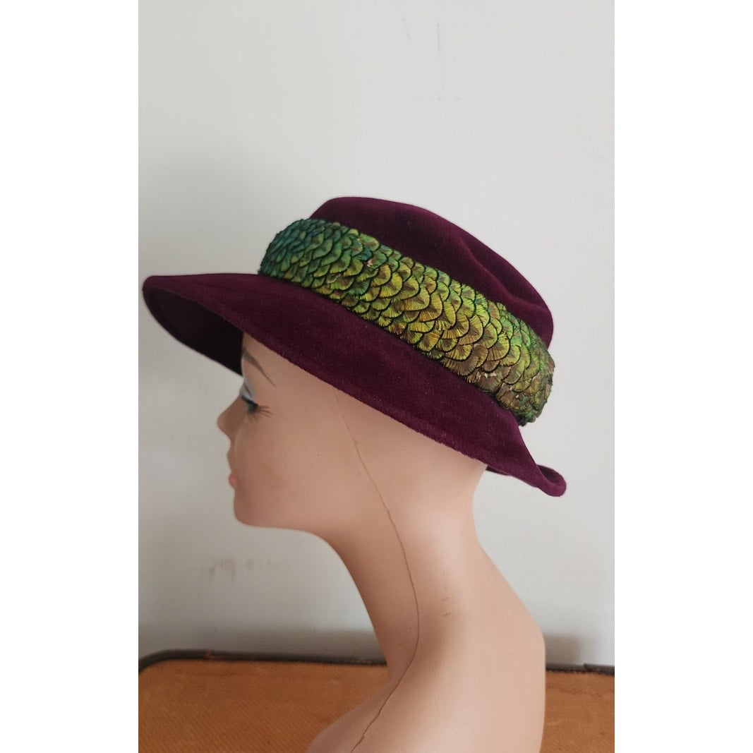 Vintage 60s Purple Velvet Hat Fedora w/Green Feathers by Paulette