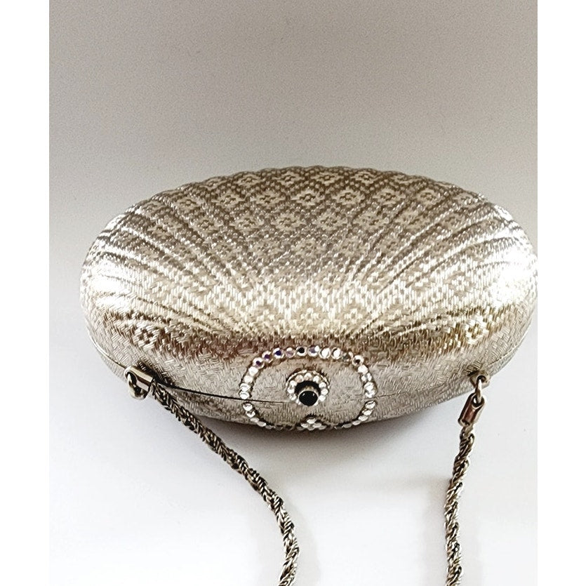 Vintage Neiman Marcus Bag Minaudiere Silver Clamshell Vanity Purse