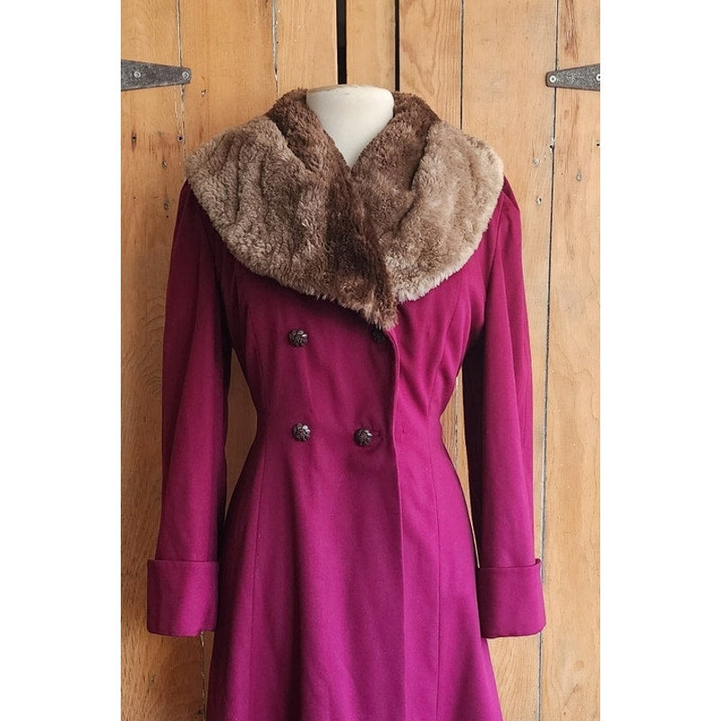 Vintage 1940s Purple Wool Princess Coat Sheared Beaver Fur Collar Double Breasted