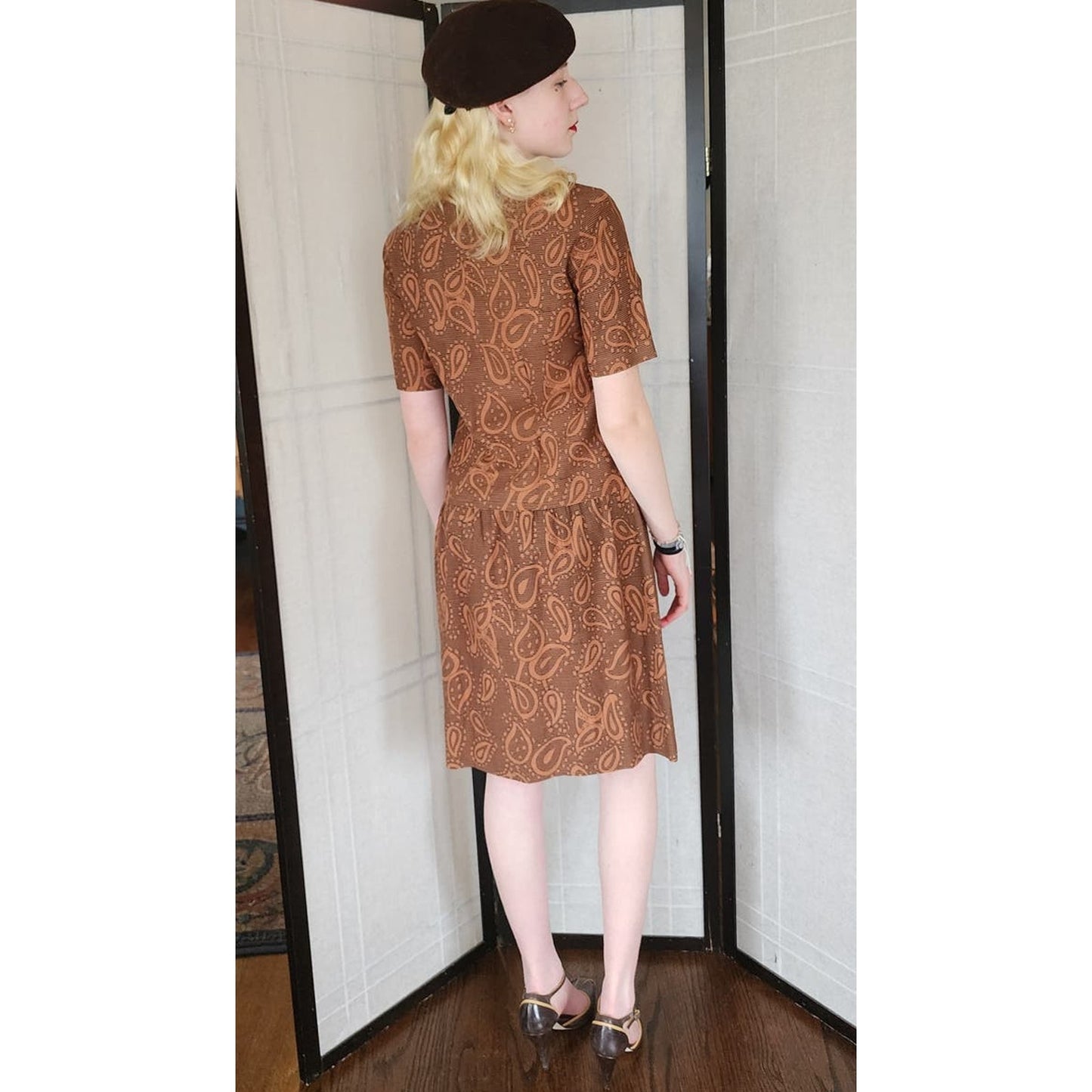 Vintage 60s Cotton Dress Brown Paisley Print Drop Waist