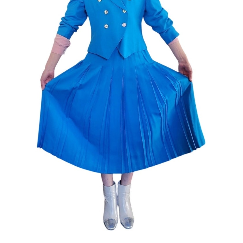 Vintage 80s Christian Dior Skirt Suit Turquoise Blue Wool Pleated Skirt / M