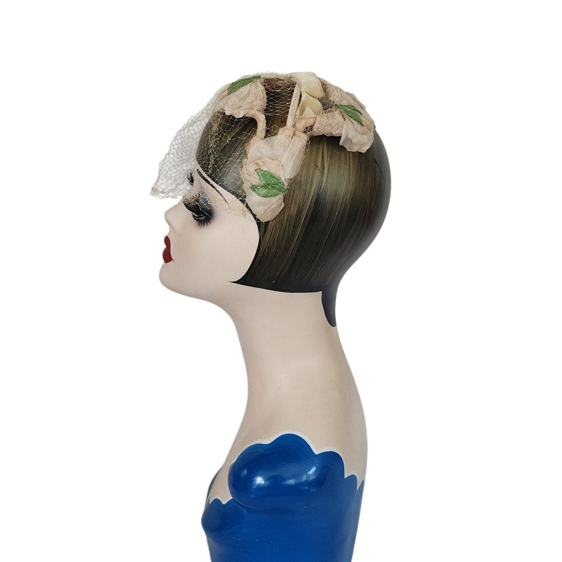 Vintage 50s Fascinator Hat Beige Peach Floral Crown Bridal Headband Wedding