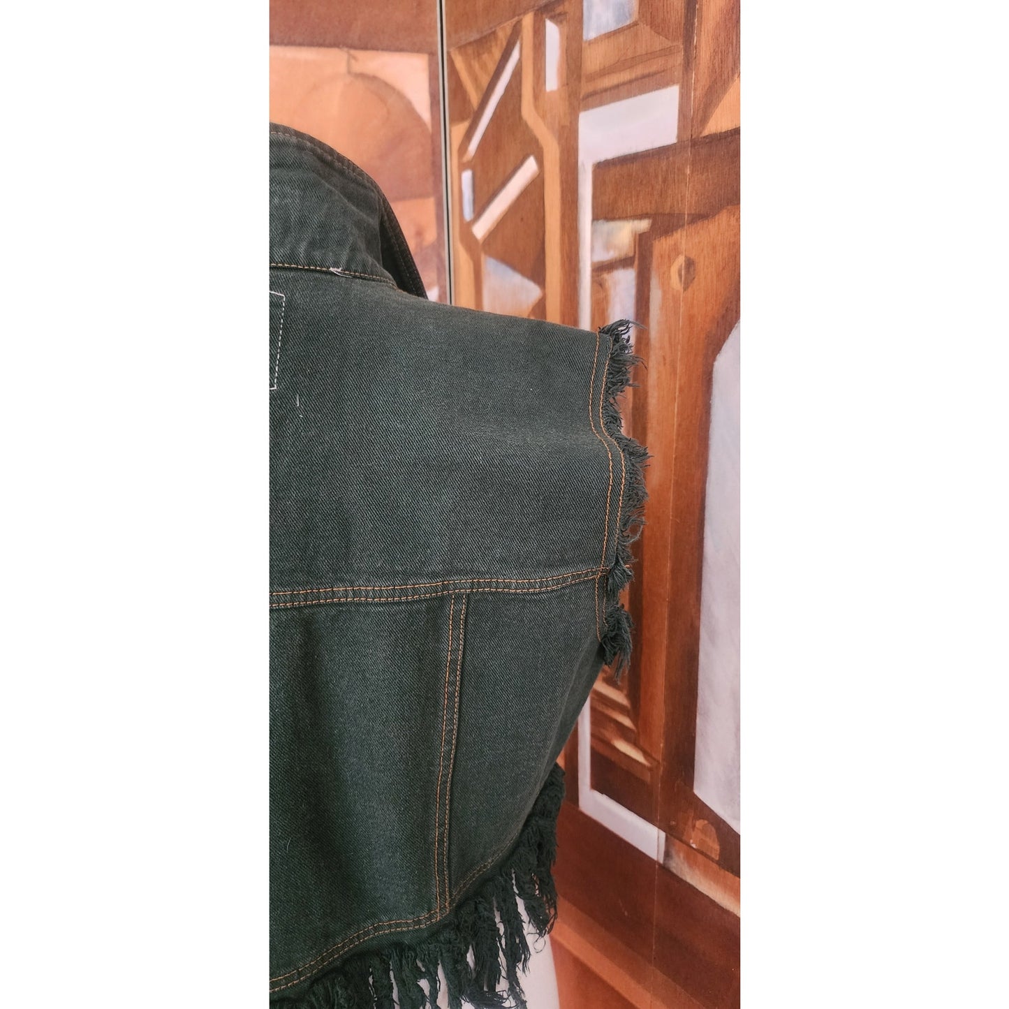 Vintage 80s Distressed Green Denim Vest Cropped Fringed by Navi / L