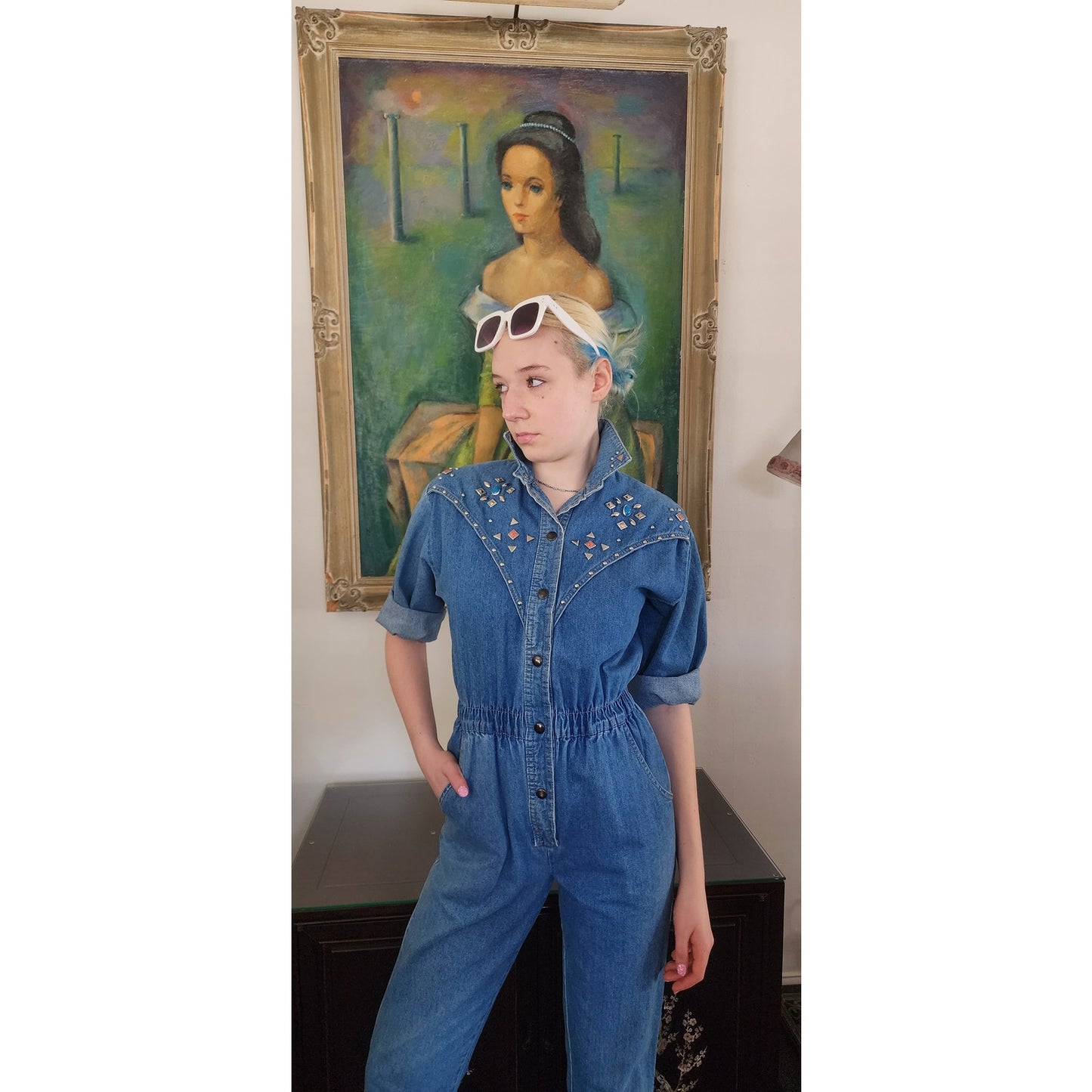 Vintage 80s Denim Jumpsuit w/Silver Studs Elastic Waist / Small