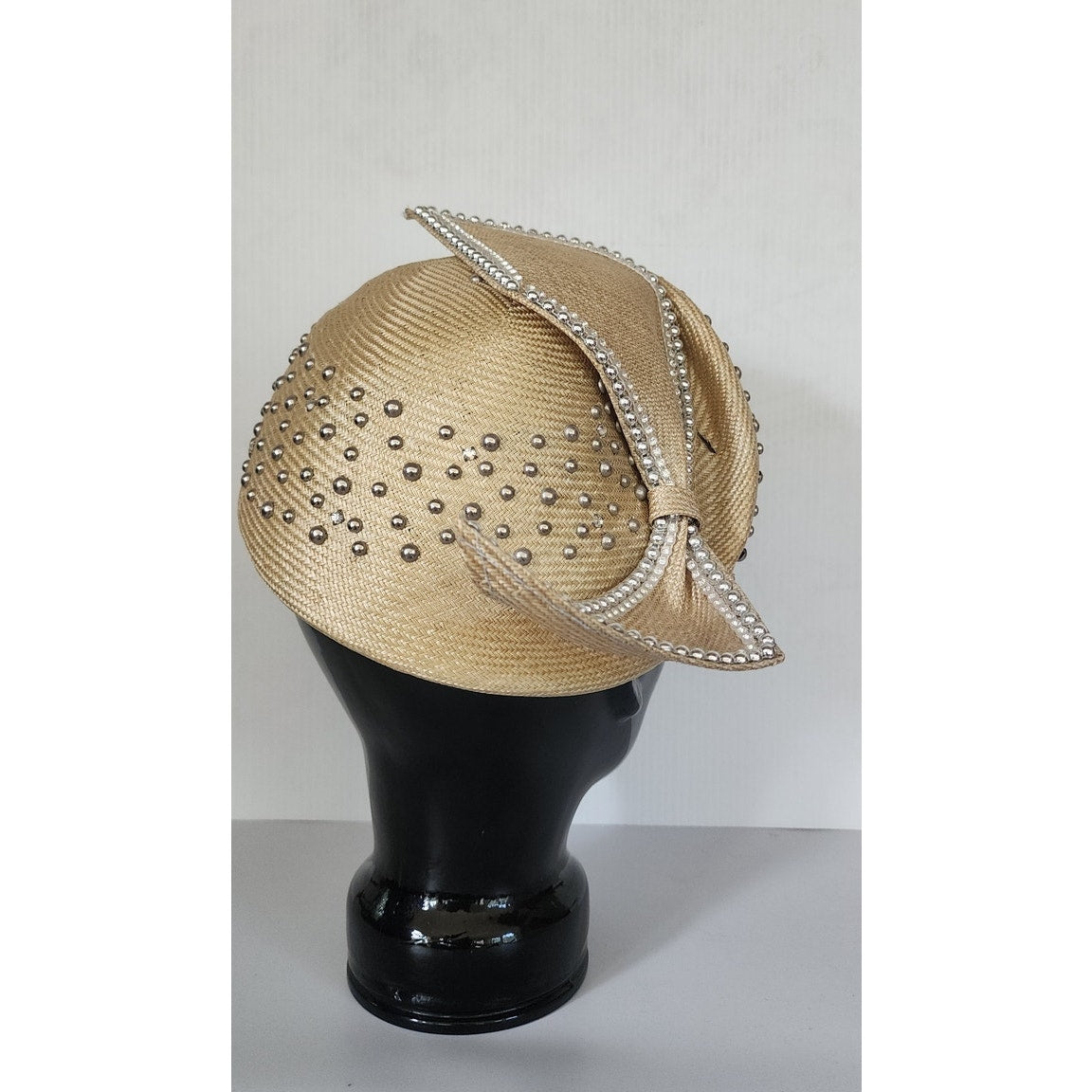 Vintage Jack McConnell Hat Asymmetrical Cream Straw Pearls Studs