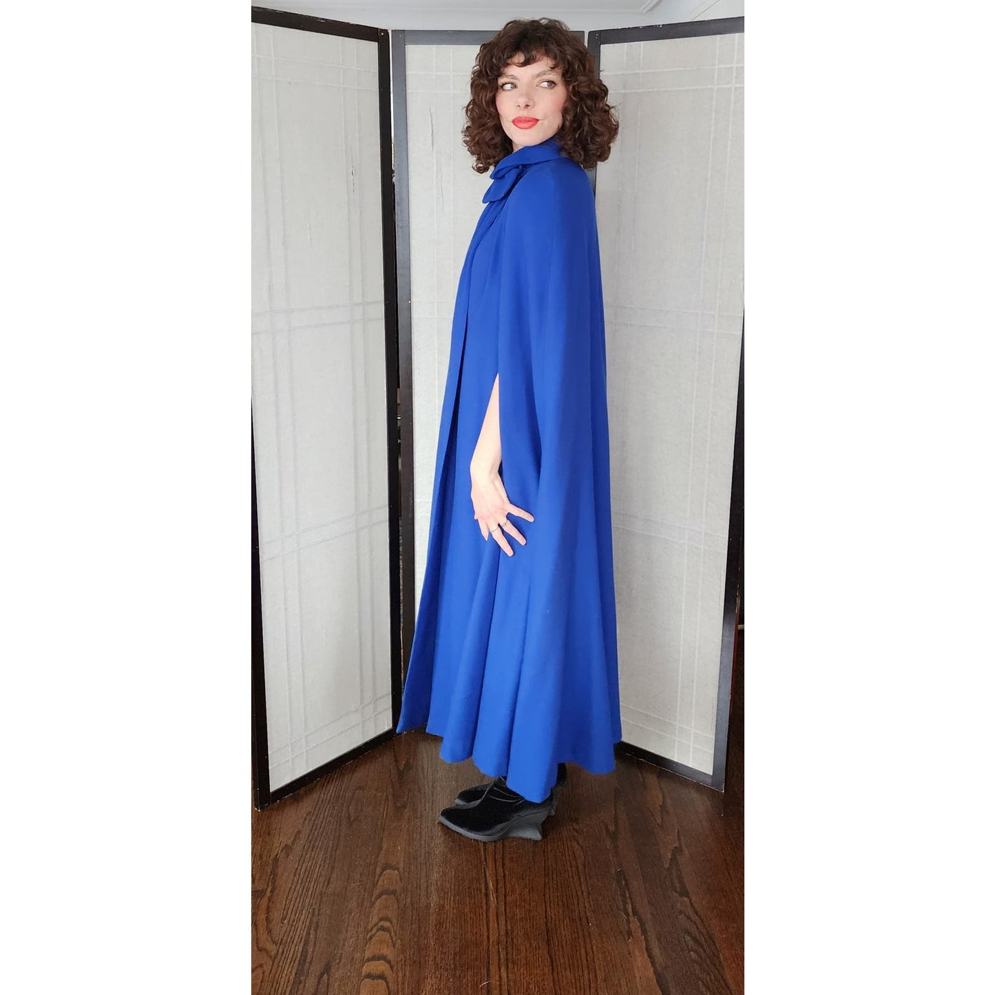 Vintage Blue Wool Cloak 80s Does 40s Large Shoulders