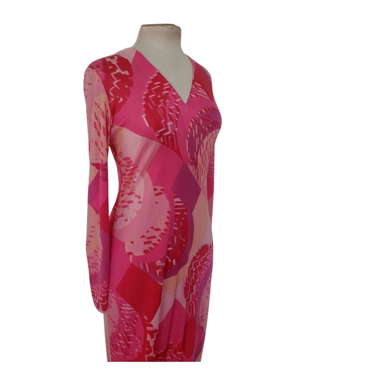 Vintage 1970s Maxi Dress Pink Red Geometric Print Rayon Jersey Stretch