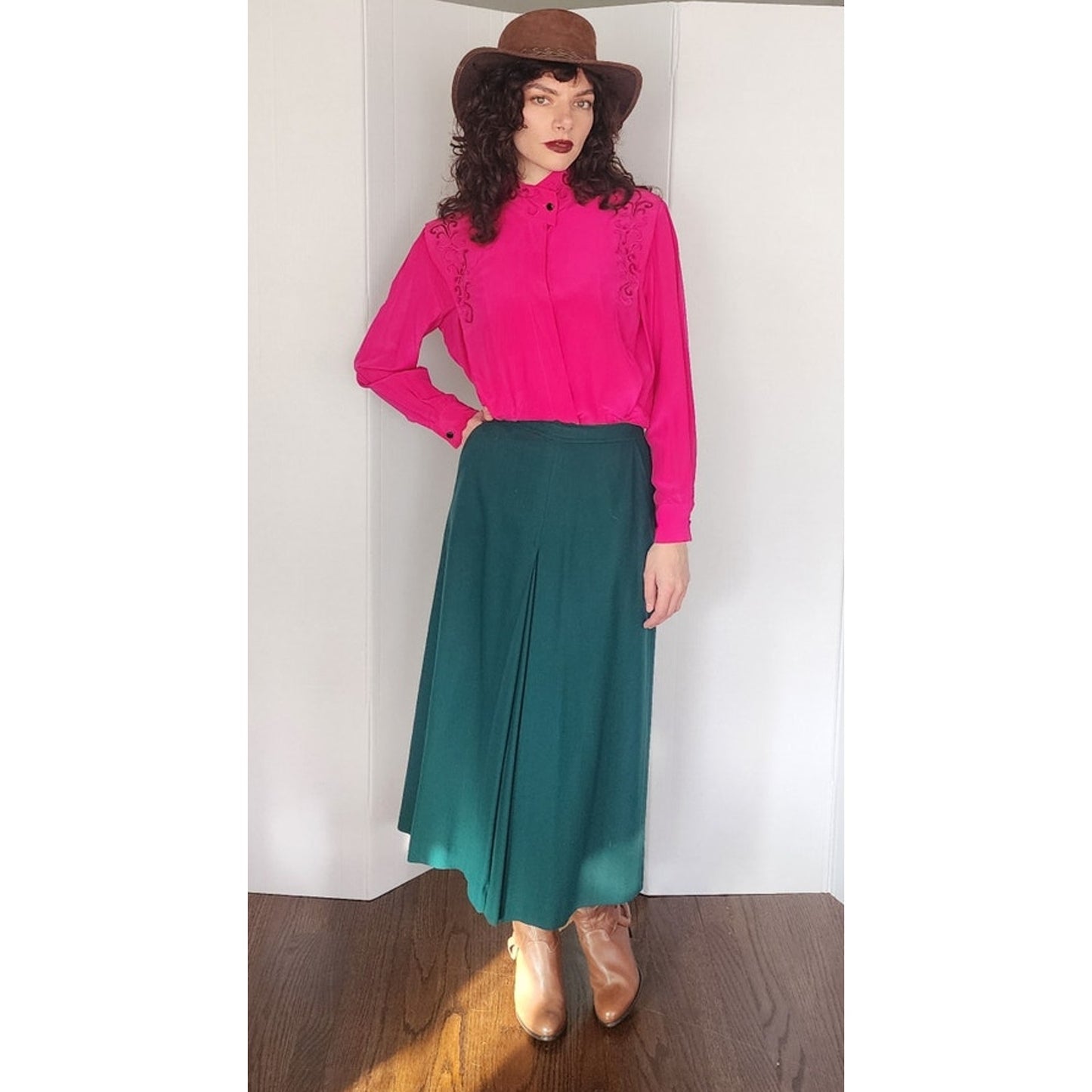 Vintage 70s Dark Green Wool Skirt HIgh Waisted Ankle Length Skyr / Small