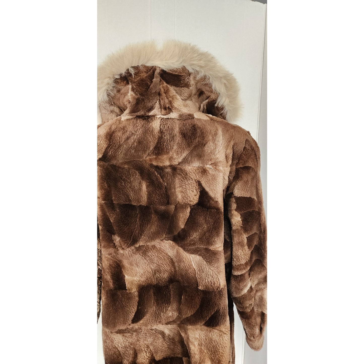 Vintage 80s Patchwork Fur Coat Sheared Beaver Blue Fox Collar